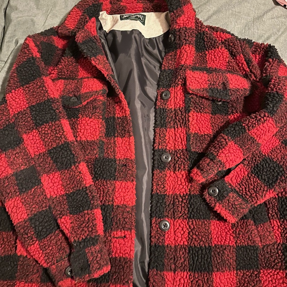 AE Red and Black Plaid Sherpa Jacket